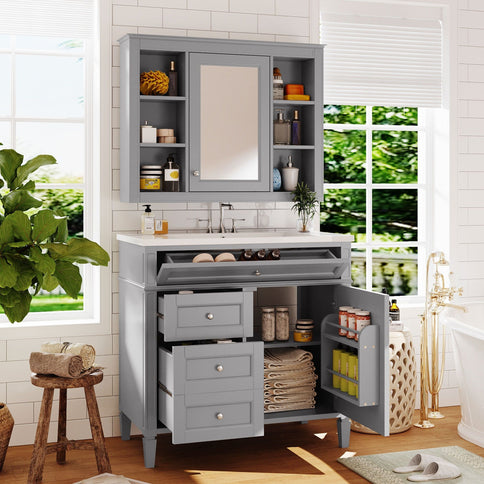 Bathroom Vanity With Mirror Cabinet, Storage Cabinet With 2 Soft Closing Doors And 4 Drawers, Undermount Sink