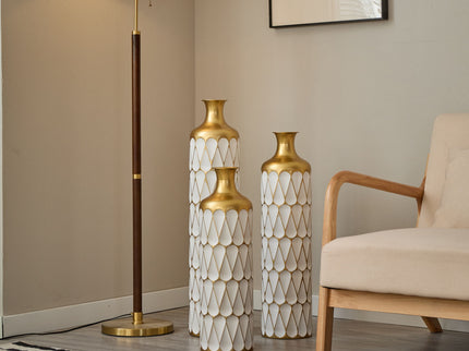 Floor Metal Vase Modern Style Decoration Home Droplet Shaped Metal Vase 3 Piece Set Gorgeous Home Decoration Large Glazed Metal Vase - Gold / White