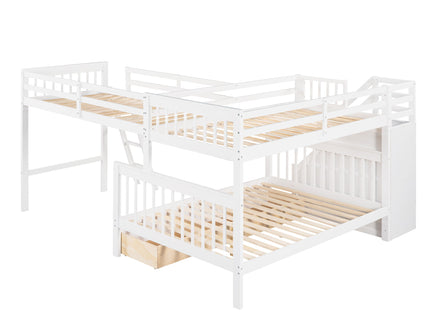 Solid L Shaped Bunk Bed With 3 Drawers, Ladder And Staircase