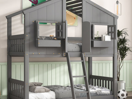 House Bunk Bed With Roof, Window, Window Box, Door, With Safety Guardrails And Ladder
