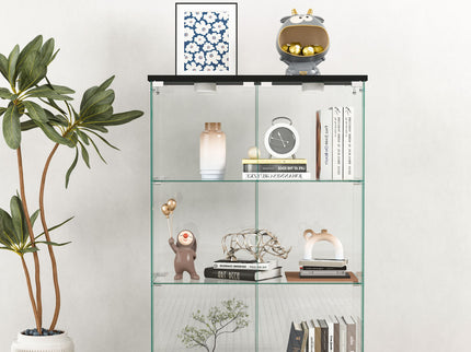 Modern Display Cabinet With LED Lights, Transparent Tempered Glass 2 Door Storage Case With 3 Shelves