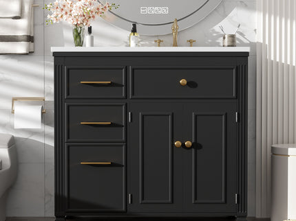 Modern Bathroom Vanity With Ceramic Sink, Freestanding, One Tip Out Drawer, 3 Side Drawers, Adjustable Shelf