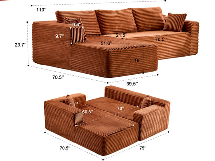 Compression Sectional Couch With Comfy Chaise, Boneless L Shape Sofa With Deep Seat