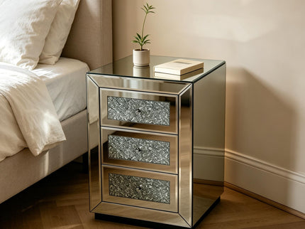 3 Drawer Nightstand With Glass Accents, Bedside Table For Bedroom - Silver