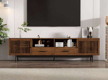 TV Stand, Media Console With 2 Drawers, Soft Closing Slatted Doors, Living Room Entertainment Center - Walnut