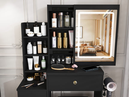 Vanity Desk With 3 LED Lighting Modes, 4 Drawers, Open Shelves, Hair Dryer Holder & Power Socket Dressing Table Set With Chair - Black