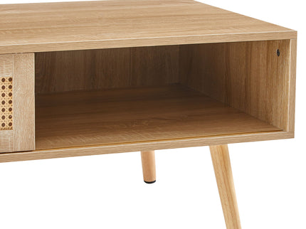 41.34" Rattan Coffee Table, Sliding Door For Storage, Solid Wood Legs, Modern Table For Living Room
