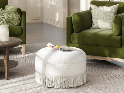 Yolanda - Round Upholstered Accent Ottoman - Almond White