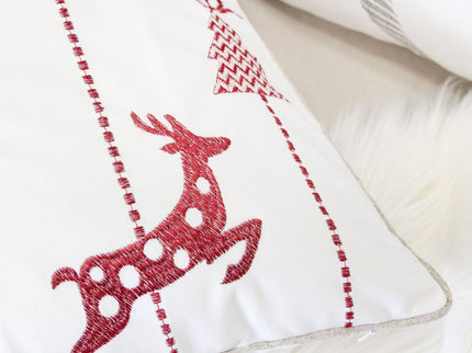 Christmas Throw Pillow With Embroidered Reindeer And Snowflakes - White