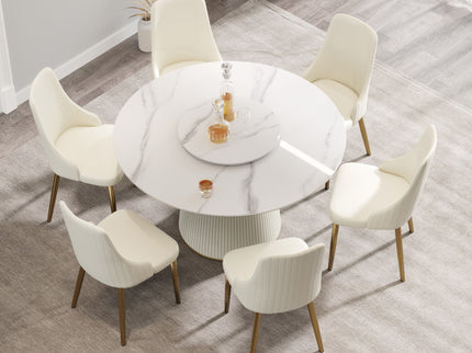 Modern Artificial Stone Round Plywood Base Dining Table, Can Accommodate 6 People, Artificial Stone Turntable (Not Including Chairs) - White / Beige