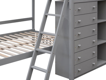 Bunk Bed With 6 Drawers And Flexible Shelves, Bottom Bed With Wheels