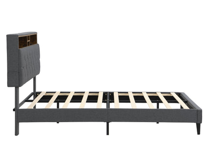 Modern Upholstered Platform Bed Frame With Button Tufted Headboard And USB Ports