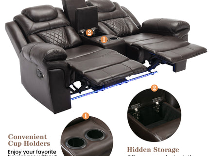 3 Pieces Recliner Sofa Sets Home Theater Seating Manual Recliner Chair & Center Console And LED Light Strip For Living Room - Brown