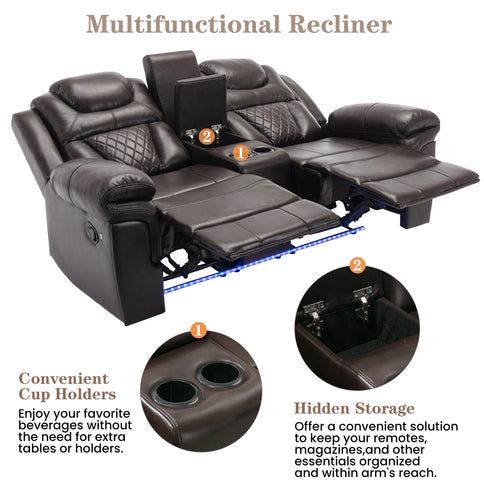 3 Pieces Recliner Sofa Sets Home Theater Seating Manual Recliner Chair & Center Console And LED Light Strip For Living Room - Brown