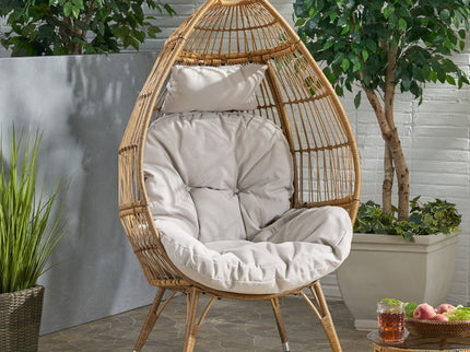 Basket Chair With Teardrop Shape And Water Resistant Cushion - Natural
