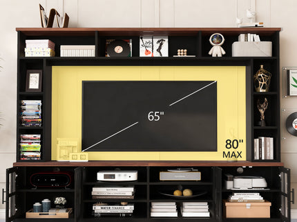 Wall Unit Entertainment Center With Bookshelves For TVs Up To 80", Tempered Glass Doors And Adjustable Shelves