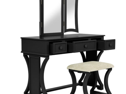 Bedroom Vanity Set With Foldable Mirror And Stool - Black