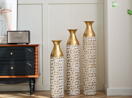 Mother's Day Gift Set Gilded White 3D Relief Flower Metal Vase Set - White / Gold