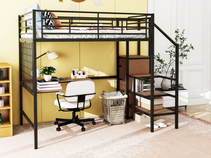 Loft Bed With Desk And Grid, Stylish Frame With Lateral Storage Ladder And Wardrobe