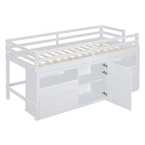 Loft Bed With 4 Drawers, Underneath Cabinet And Shelves