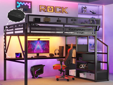Loft Bed With Desk And Charging Station With Stairs And Light
