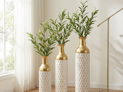Diamond Embossed Floor Tall Vases Home Decor (Set of 3) - White / Gold
