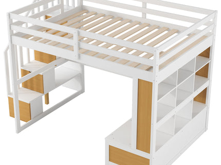 Full Size Loft Bed With Desk And Shelves, 2 Built In Drawers, Storage Staircase - Natural / White