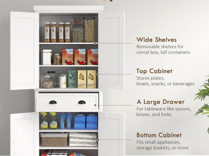 Homcom - 72" Kitchen Pantry, Tall Storage Cabinet, Freestanding Cupboard With Drawer, Doors And Adjustable Shelves - White
