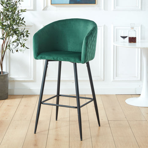 Counter Height Bar Stool, Metal Legs, Velvet Upholstered For Pub, Restaurant, Kitchen Island (Set of 2) - Black / Green