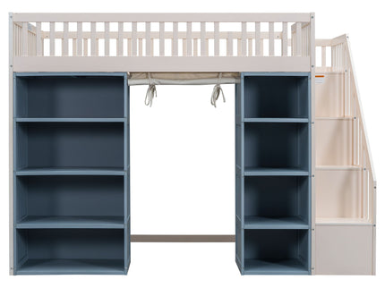 Full Size Loft Bed With 2 Four Layer Storage Cabinets And Curtain With Built In Staircase And Privacy Curtain - White