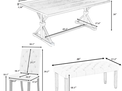 6 Piece Dining Table Set With Rectangular Wood Table, 4 Upholstered Chairs, Bench