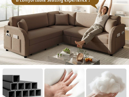 L-Shaped Couch With Pull-Out Bed, Oversize Convertible Sleeper Sofa With Side Pocket & USB Port