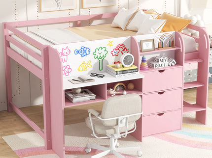 Low Loft Bed With Built In Desk, Storage Cabinets, Open Bookcase And Doodle board