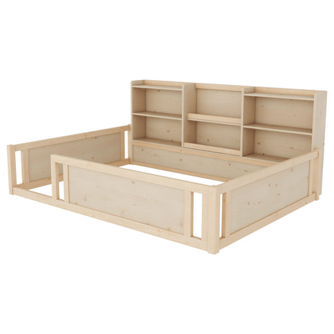 Platform Floor Bed With Guardrail Fence And Side Storage Shelves