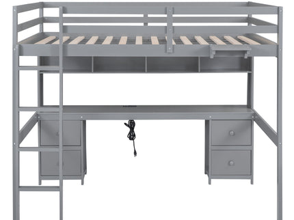 Loft Bed With Desk, Cabinets, Drawers, Charging Station And Bedside Tray