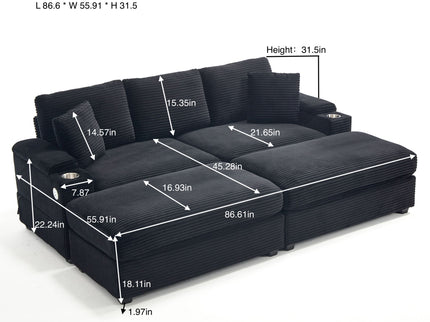 Convertible Sectional Sofa Bed Set With Armrest Storage, Cup Holder, USB - Black