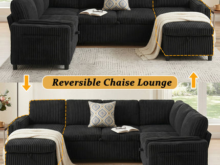 Convertible U-Shaped Sectional Sofa Bed With USB Ports And Storage