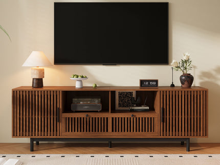 TV Stand, Entertainment Center With Slatted Doors, Cable Management, Soft Closing Hinges - Walnut
