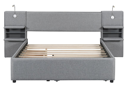 Upholstered Platform Bed With Reading Lights, Drawers, Trundle And Shelves