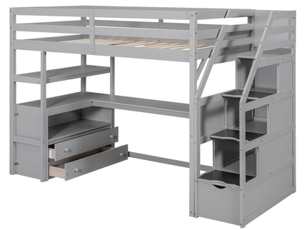 Loft Bed With Desk, Shelves, 2 Drawers, Storage Staircase