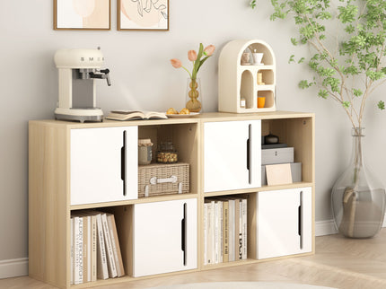 Storage Cabinet With Sliding Doors, 2 Tier Open And Closed Shelves Organizer - Natural / White