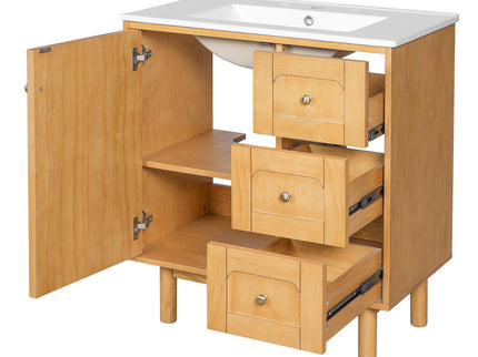 Bathroom Vanity With Sink, 3 Drawers, Soft Close Door - Natural Wood