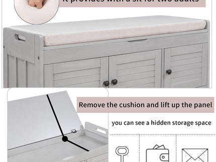 Storage Bench With 3 Shutter-Shaped Doors, Shoe Bench With Removable Cushion And Hidden Storage Space