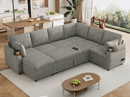 U-Shaped Sectional Sleeper Sofa With Ample Storage Space, 2 Cup Holders And Charging Ports For Living Room
