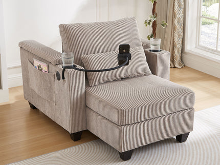 Convertible Chaise Lounge Sofa Chair With USB Ports, Cup Holders, Phone Holder And Storage