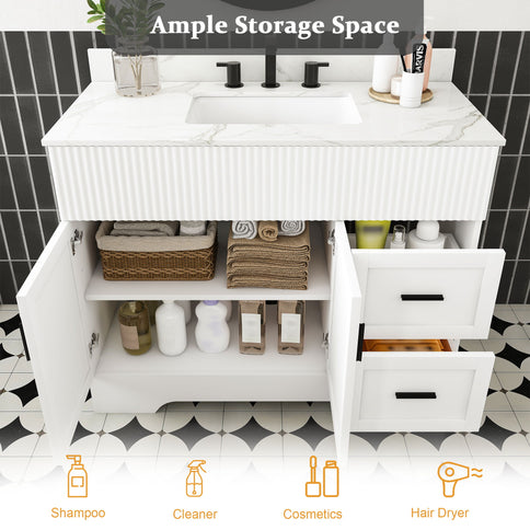 Bathroom Vanity Set, Fluted Cabinet With Soft Close Doors & Drawers, 3 Faucet Holes, Sink Included - White