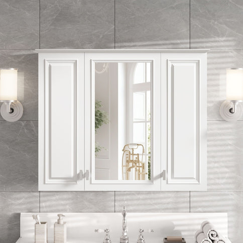 Wall Mounted Mirror Cabinet With 5 Adjustable Shelves, Rectangular Storage For Bathroom - White