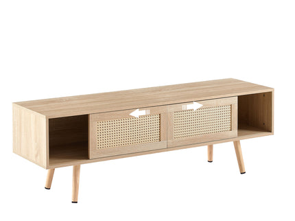 55.12" Rattan TV Cabinet, Double Sliding Doors For Storage, Adjustable Shelf, Solid Wood Legs, TV Console For Living Room