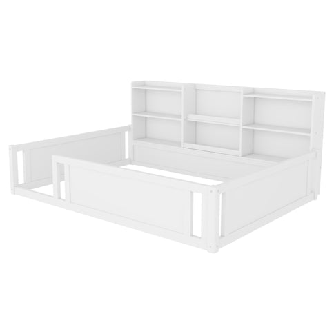 Platform Floor Bed With Guardrail Fence And Side Storage Shelves