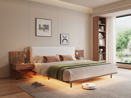 Floating King Size Bed With Integrated Side Tables And Smart Lighting - Beige Gray / White